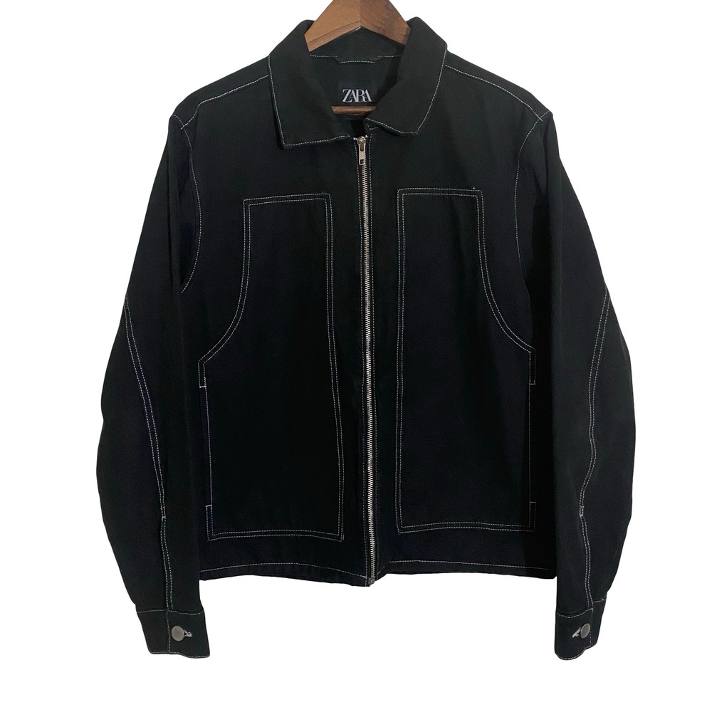 Zara Canvas Worker Men Jacket L Black Contrast Stitch Zip Up Utility